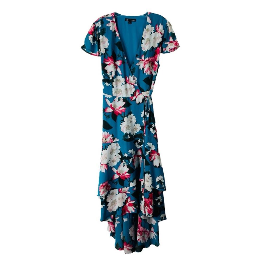 Inc blue pink white floral ruffle high low wrap midi dress 12